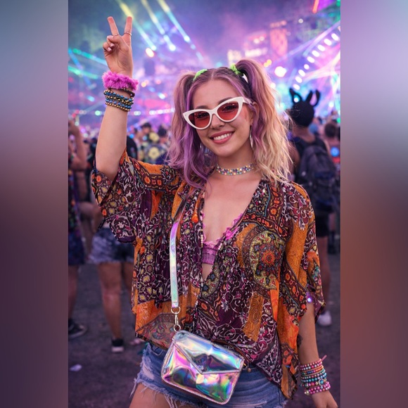 ONE WORLD Multicolor Kimono Boho Rave Festival Flowy Blouse Tunic Drape Sleeve L - Picture 12 of 13